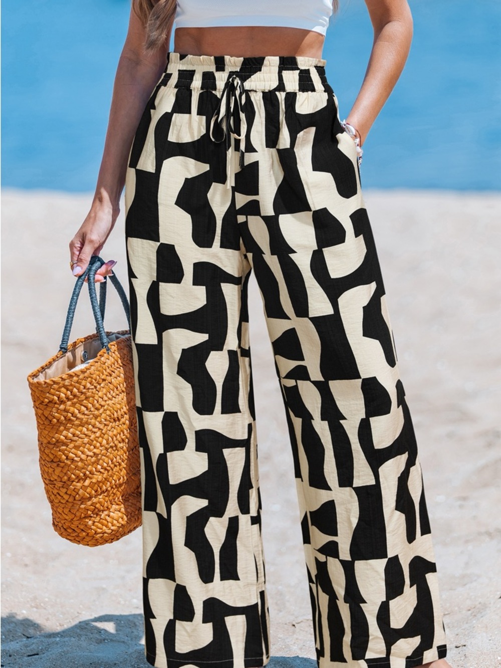 Cupshe Black & Cream Abstract Wide Leg Pants